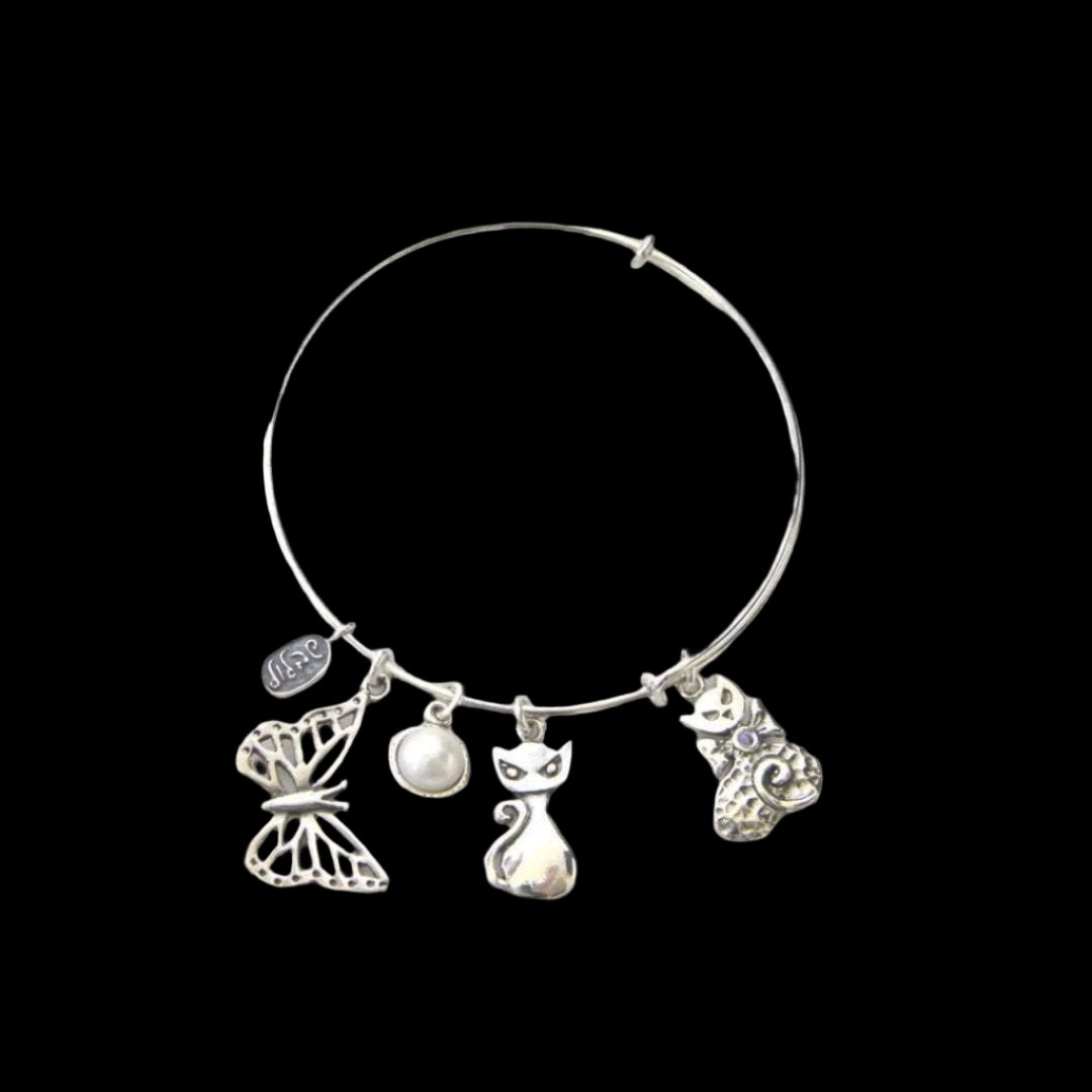 Bluenoemi Jewelry Bracelets silver Charms Bracelet, Sterling Silver Bracelets ,  Cats Charms bracelet ,  Hippie Jewelry, Naif bracelet