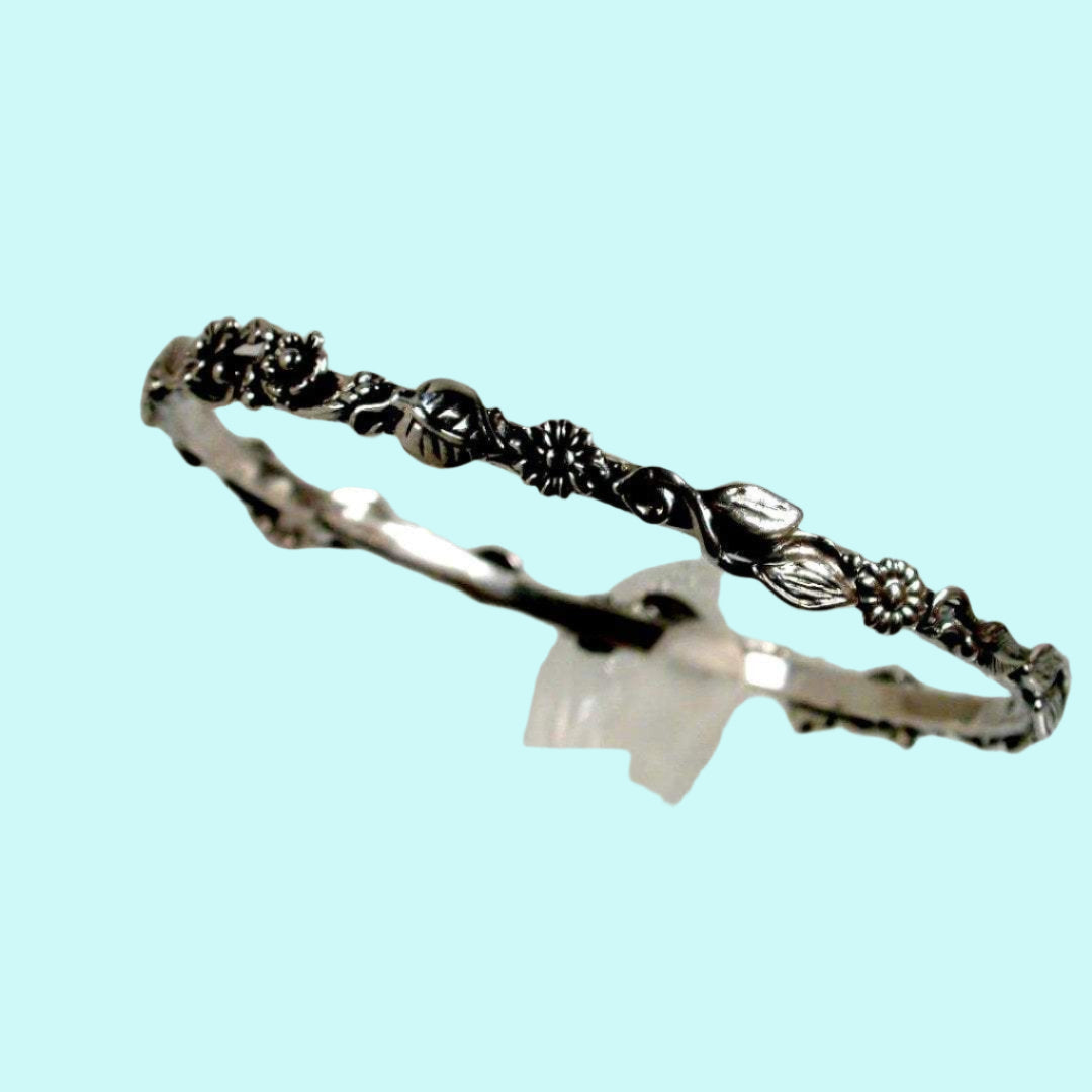 Bluenoemi Jewelry Bracelets silver Sterling Silver Bangle Floral Motif , Bracelets for Woman, Bangle Bracelets, Stacking Bangles