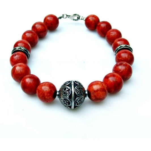 Sterling Silver Corals Bracelet Filigree Ethnic Jewelry - Bluenoemi