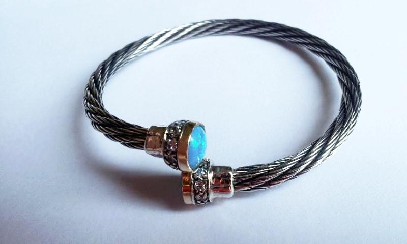 Sterling Silver & Gold Flexible Cuff Bracelet set with Opals, Bracelets for Woman - Bluenoemi