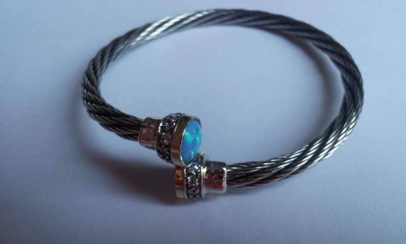 Sterling Silver & Gold Flexible Cuff Bracelet set with Opals, Bracelets for Woman - Bluenoemi