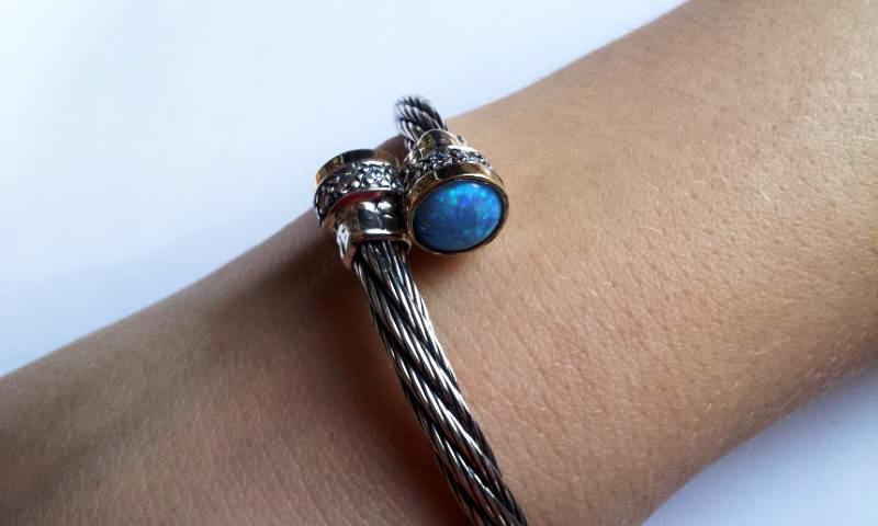Sterling Silver & Gold Flexible Cuff Bracelet set with Opals, Bracelets for Woman - Bluenoemi