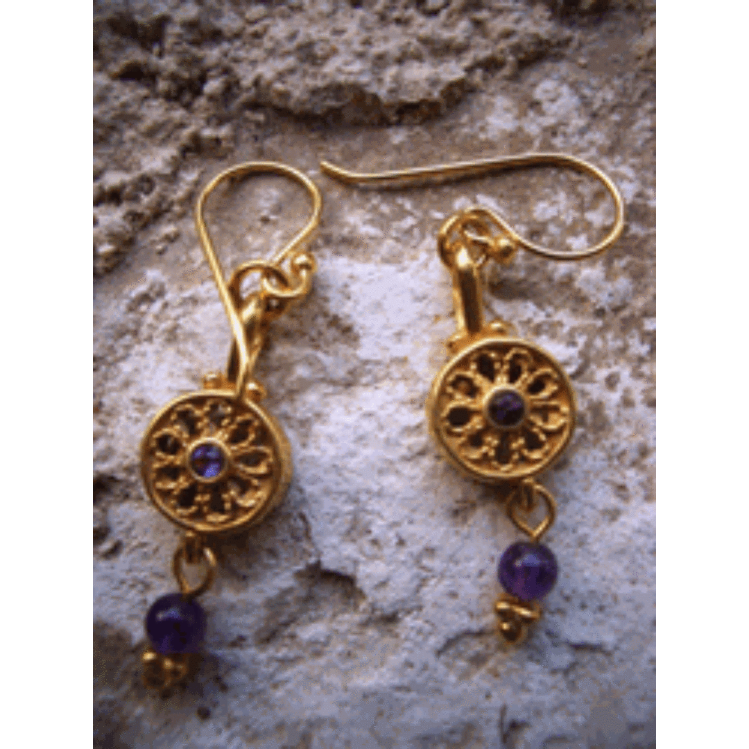 Bluenoemi Jewelry Earrings Filigree goldfilled dangling earrings amethyst Israeli 0.9 cm round / gold Earrings, Filigree Israeli dangling earrings with amethyst
