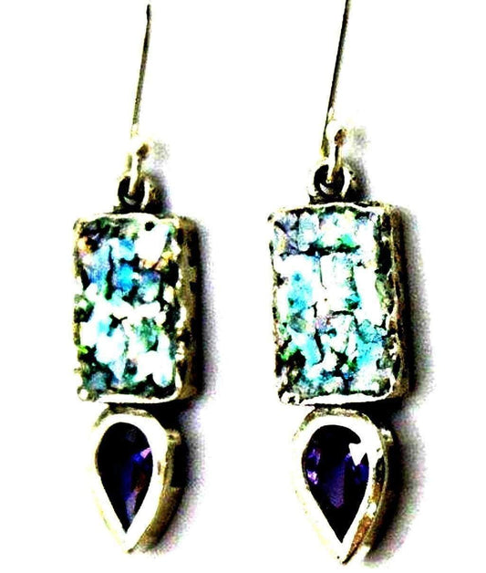 Bluenoemi Jewelry Earrings purple Roman Glass Earrings, Sterling Silver Earrings, Israeli roman glass jewelry