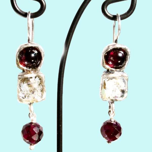 Bluenoemi Jewelry Earrings silver Sterling Silver Earrings, Roman Glass Earrings, dangling earrings , Israeli Jewelry, Garnet Earrings