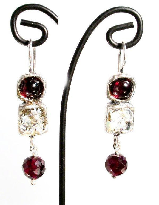 Bluenoemi Jewelry Earrings silver Sterling Silver Earrings, Roman Glass Earrings, dangling earrings , Israeli Jewelry, Garnet Earrings