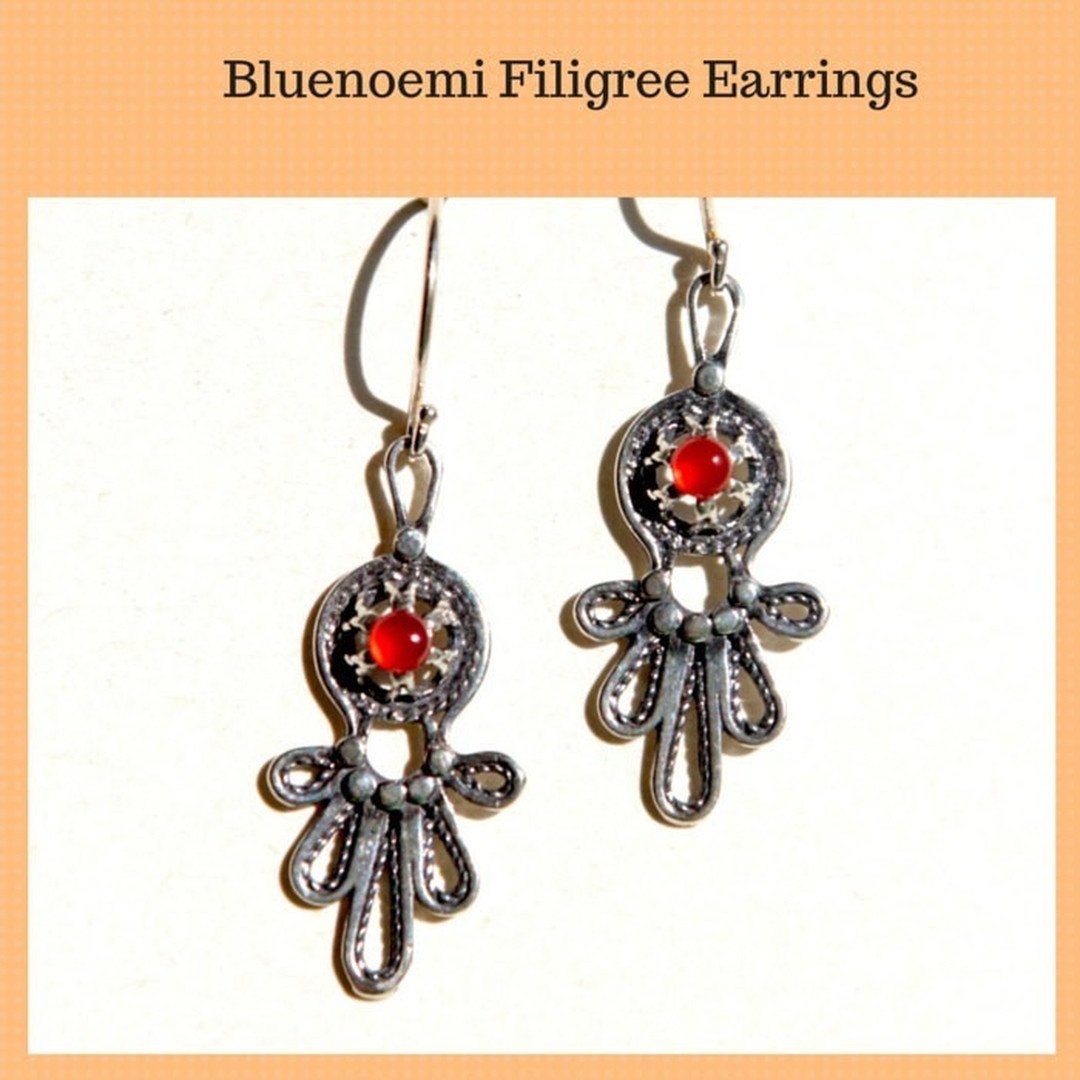 Bluenoemi Jewelry Earrings Sterling silver earrings Delicate Filigree cornelian / Eilat stones israeli earrings.