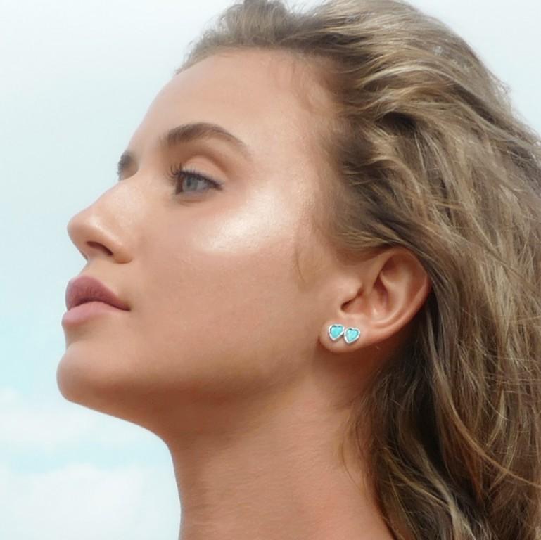 Bluenoemi Jewelry Earrings Sterling silver Heart stud earrings set with Blue opals Israeli designer jewelry gift for mom 艺术耳环