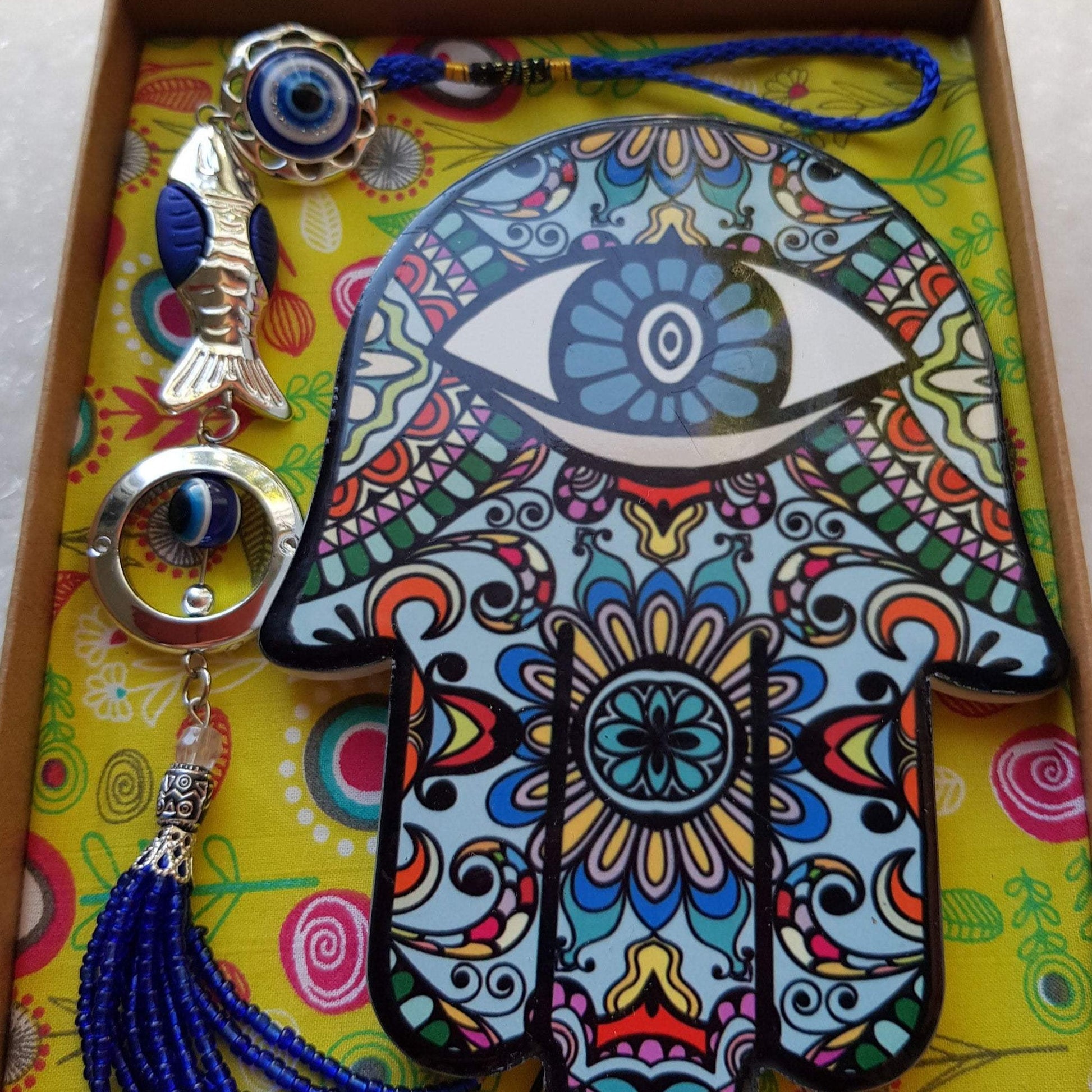 Hamsa for Luck and Protection, Evil Eye Glass Pendant for Home or for the car. Good Luck Beautiful Gift. - Bluenoemi