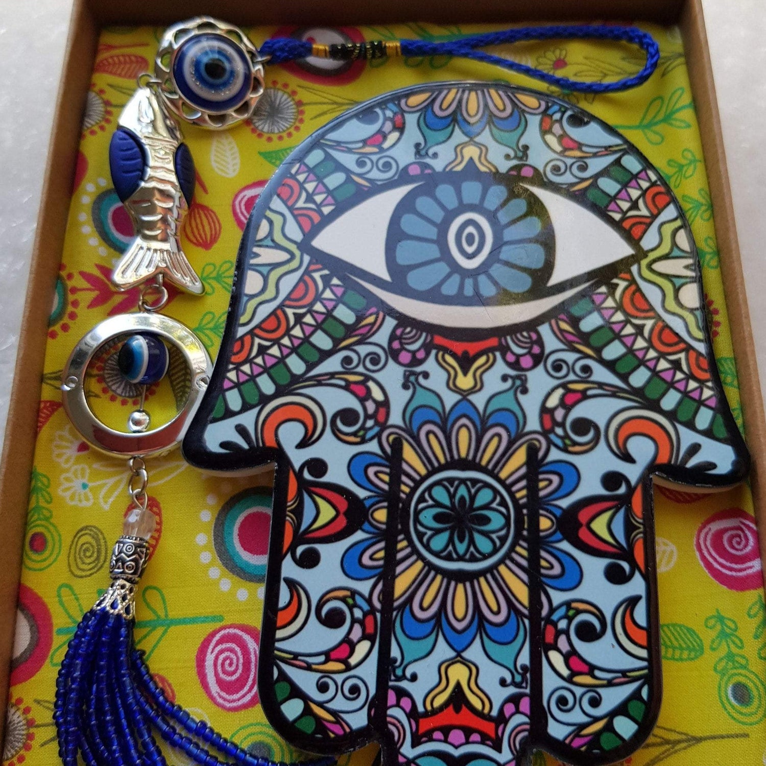 Bluenoemi Jewelry Hamsa for Luck and Protection, Evil Eye Glass Pendant for Home or for the car. Good Luck Beautiful Gift.