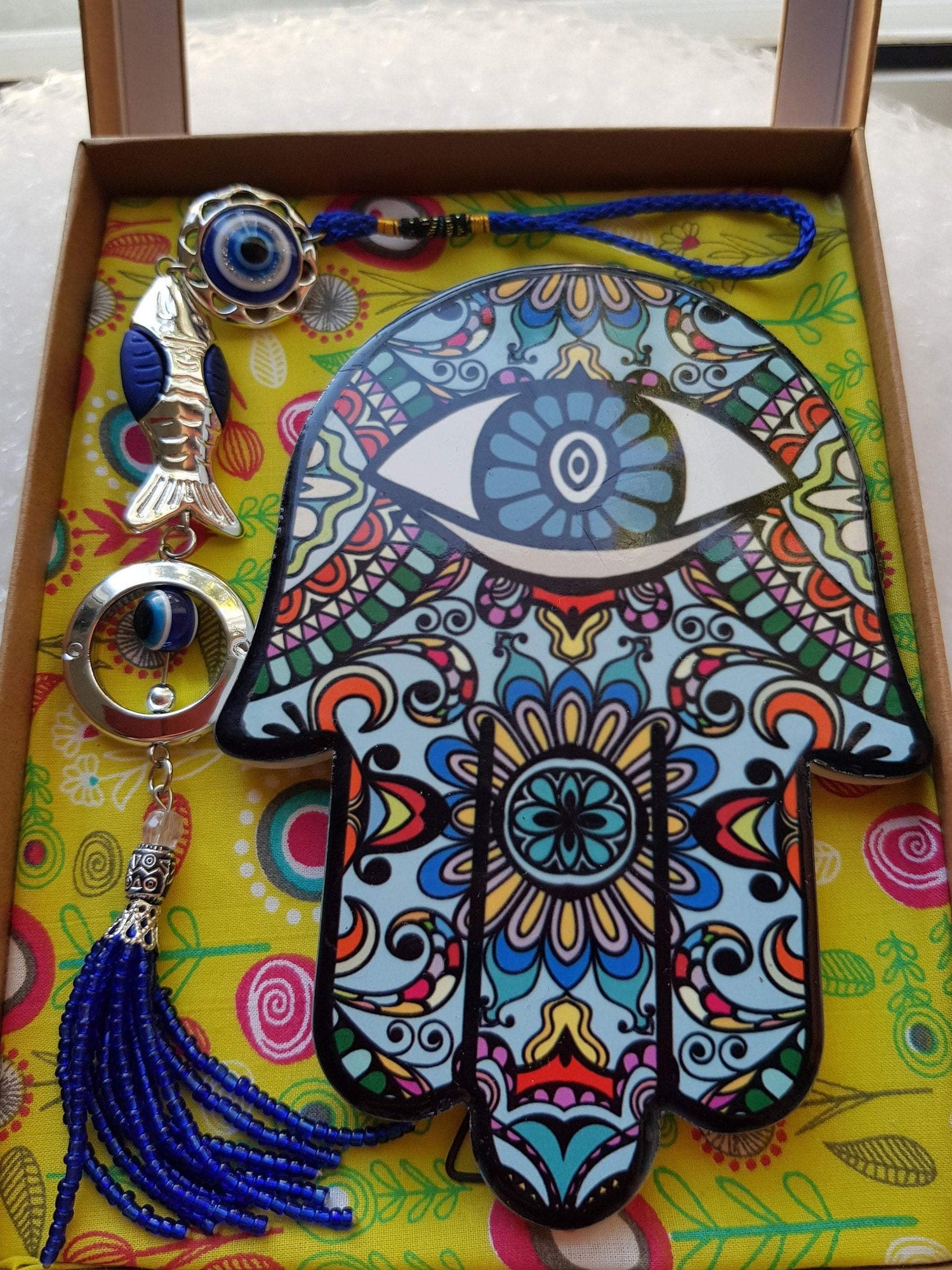 Bluenoemi Jewelry Hamsa for Luck and Protection, Evil Eye Glass Pendant for Home or for the car. Good Luck Beautiful Gift.