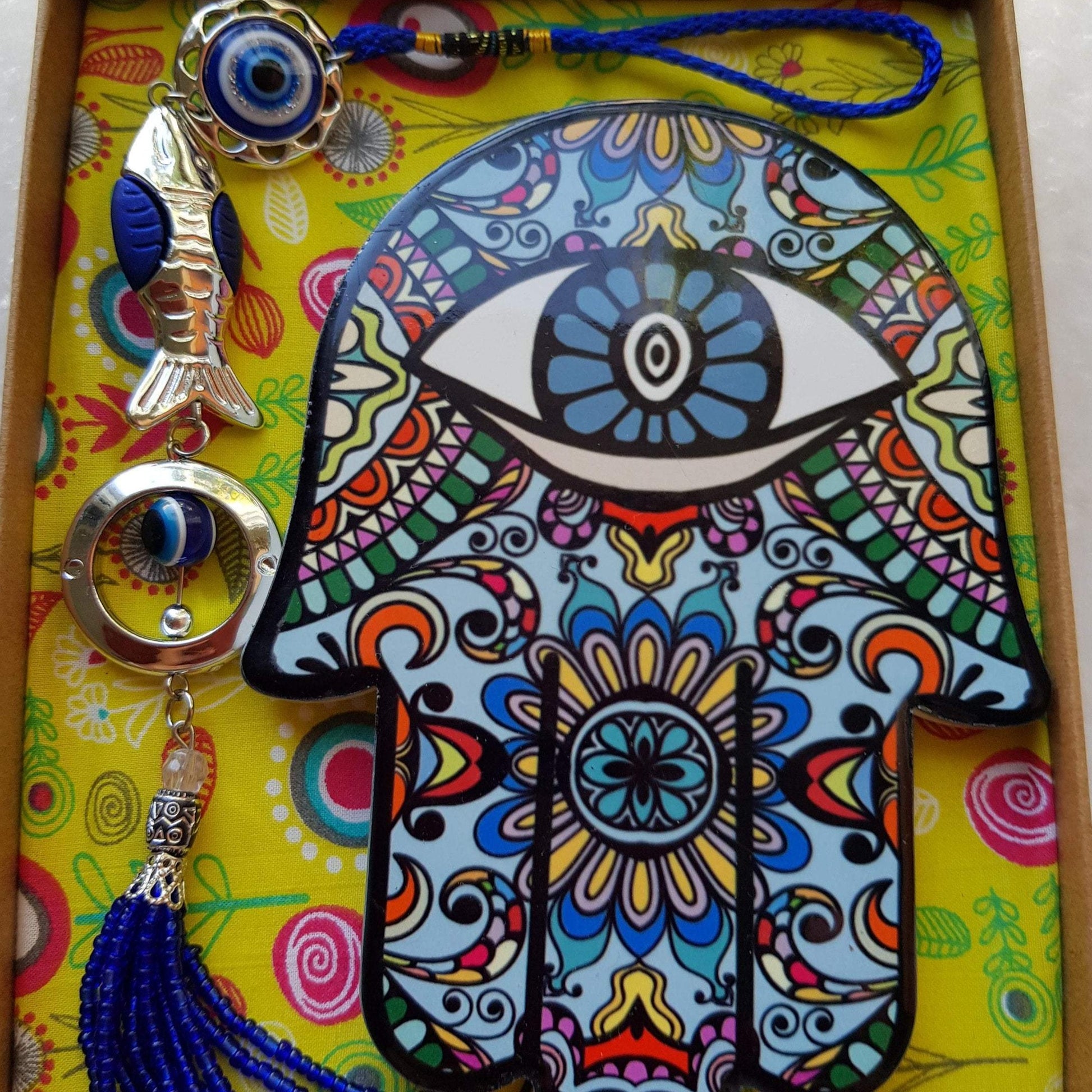 Hamsa for Luck and Protection, Evil Eye Glass Pendant for Home or for the car. Good Luck Beautiful Gift. - Bluenoemi