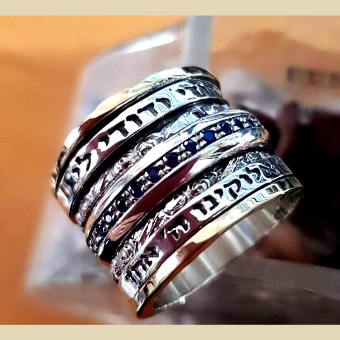 Bluenoemi Jewelry Hebrew Spinner ring for woman Inspirational bless jewelry Prayer & Poesie silver and gold set with blue zircons