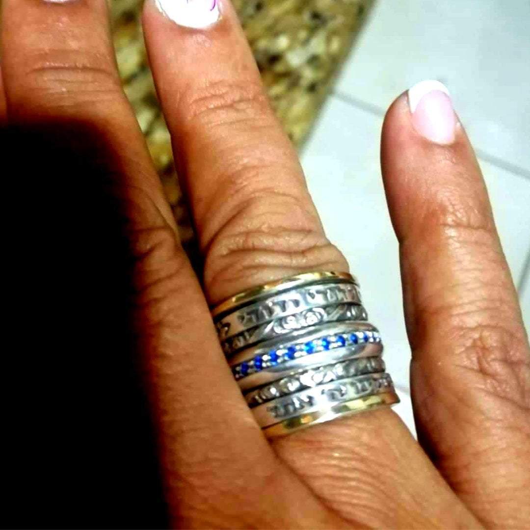 Bluenoemi Jewelry Hebrew Spinner ring for woman Inspirational bless jewelry Prayer & Poesie silver and gold set with blue zircons