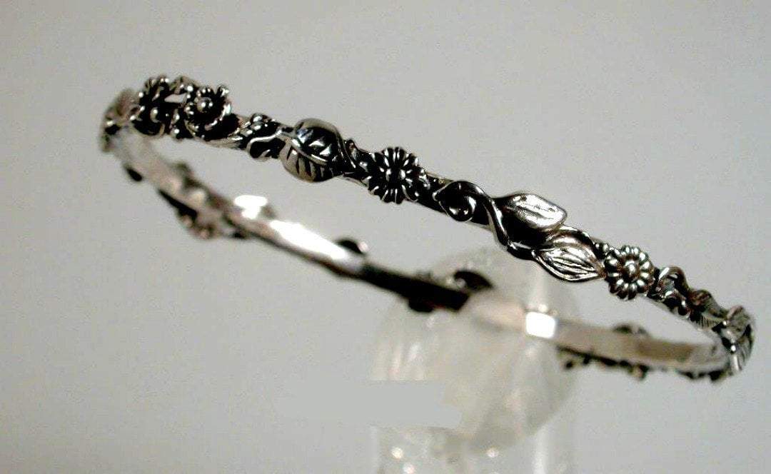 Bluenoemi Jewelry Heirloom Sterling Silver Bangle Bracelet in a Floral Motif , Bracelets for Woman, Bangle Bracelets