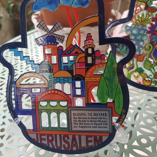 Metal Hamsa Jerusalem Colourful View Home Blessing in English Laser Cut - Bluenoemi