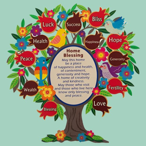 Tree of Life wall decor with blessings, vibrant colors and intricate details