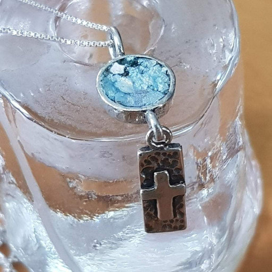 Bluenoemi Jewelry Necklaces 45cm / silver Bluenoemi Christian Cross pendant, Sterling Silver Hammered cross with Roman Glass