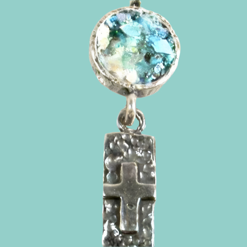 Bluenoemi Jewelry Necklaces 45cm / silver Bluenoemi Christian Cross pendant, Sterling Silver Hammered cross with Roman Glass