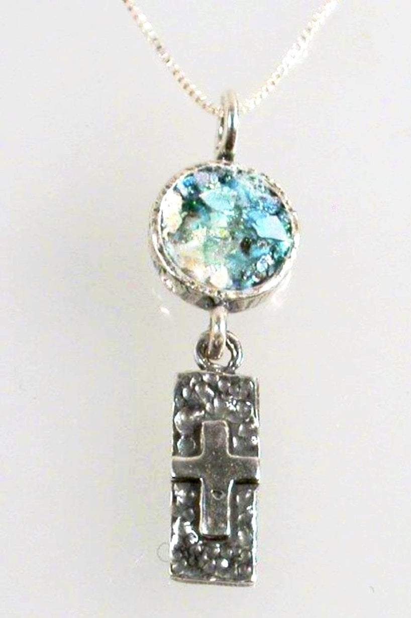 Bluenoemi Jewelry Necklaces 45cm / silver Bluenoemi Christian Cross pendant, Sterling Silver Hammered cross with Roman Glass