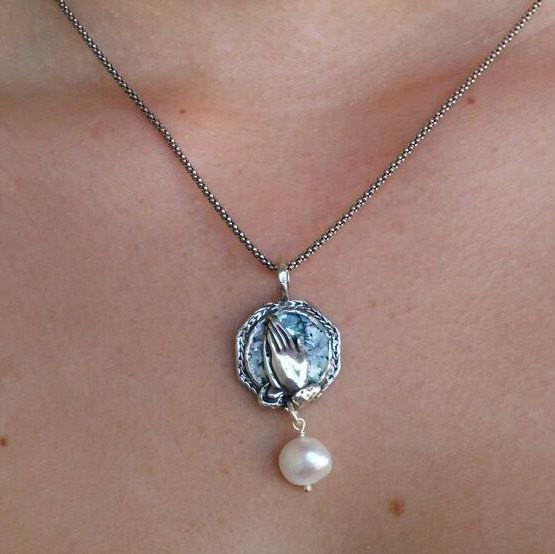 Bluenoemi Jewelry Necklaces 45cm / silver Bluenoemi Christian Cross pendant with pearl ,Cross on Roman Glass and Gemstones
