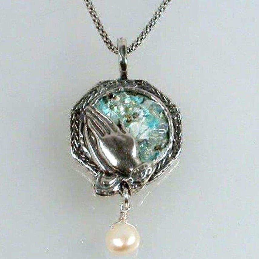 Bluenoemi Jewelry Necklaces 45cm / silver Bluenoemi Christian Cross pendant with pearl ,Cross on Roman Glass and Gemstones