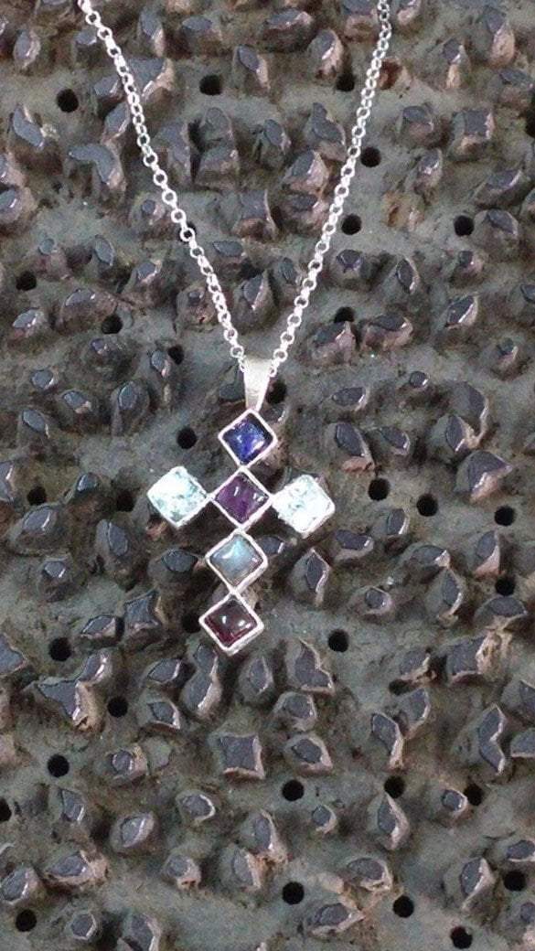 Bluenoemi Jewelry Necklaces 45cm / silver Holy land cross, Sterling Silver cross , roman glass set with lapis, amethysts, Labradorite, Garnet