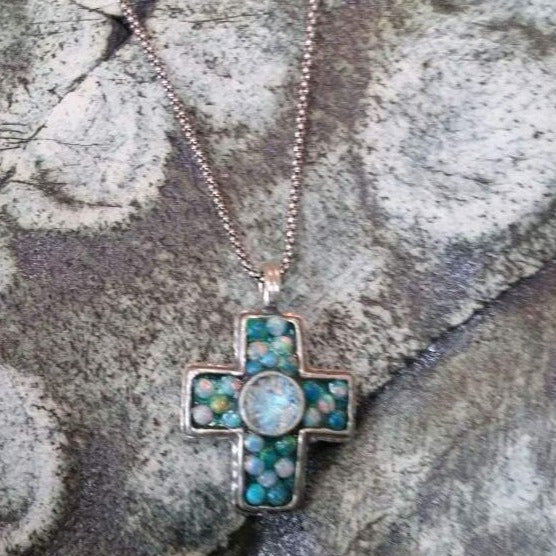 Bluenoemi Jewelry Necklaces 45cm / silver Holy Land Jewelry Sterling Silver cross roman glass opals beads "My Blue Sky Cross"