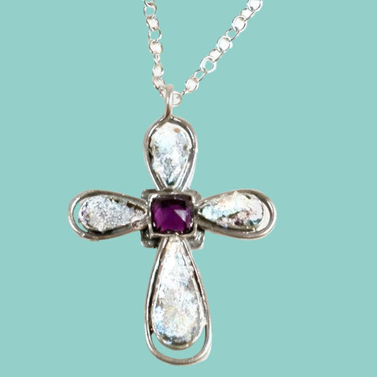 Bluenoemi Jewelry Necklaces 45cm / silver Sterling Silver cross Roman Glass Holy Land Jerusalem with cz amethyst zircon "My High Sky Cross"