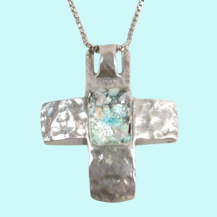 Cross pendant with Roman Glass. Holy Land Necklace for woman. "My One and Only Cross"