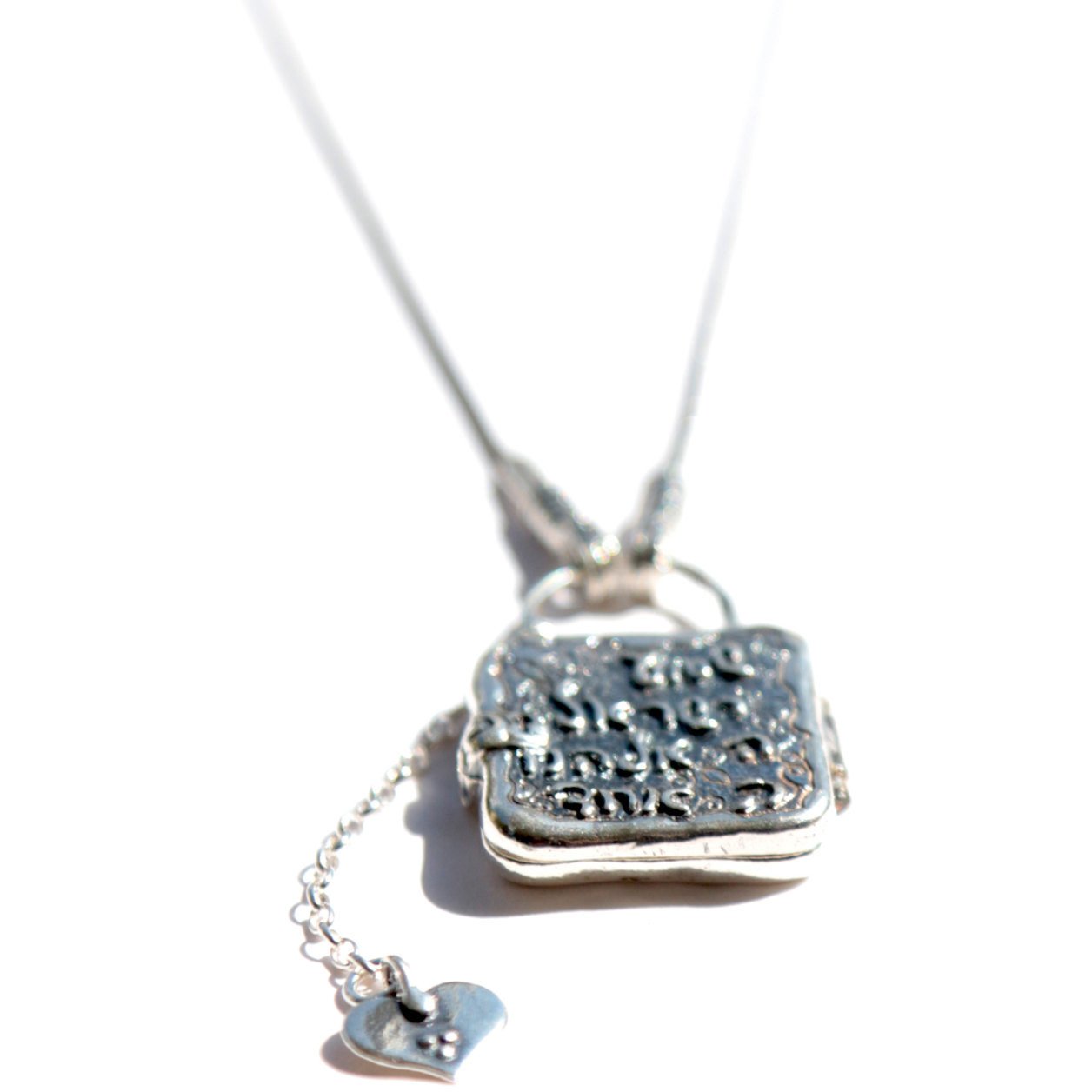 Sterling Silver necklace locket engraved with Shma Israel Prayer with a charm heart adorable jewelry - Bluenoemi