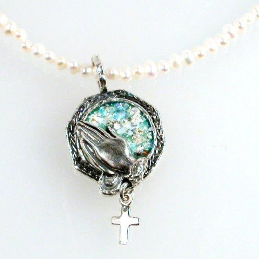 Bluenoemi Jewelry Necklaces 45cm / white Christian Necklace, Sterling Silver Cross Roman Glass Necklace, Pearl Necklace