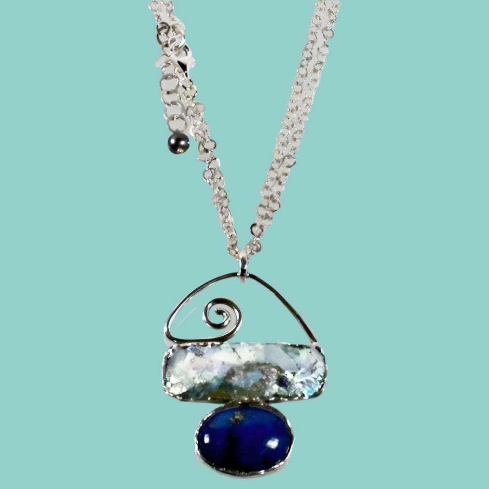 Necklace Sterling Silver Roman Glass and Lapis Pendant for Woman-Necklaces-Bluenoemi Jewelry