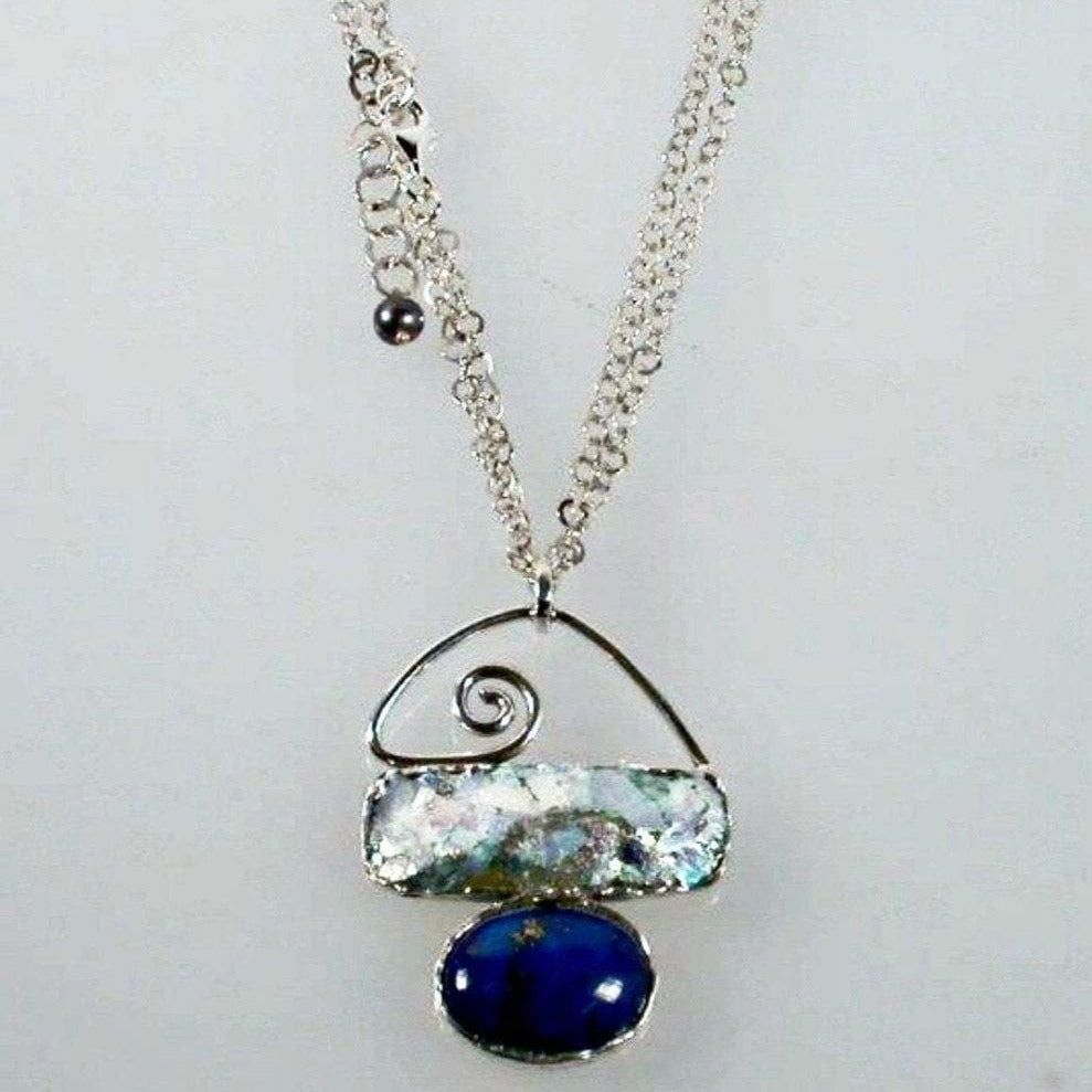 Necklace Sterling Silver Roman Glass and Lapis Pendant for Woman-Necklaces-Bluenoemi Jewelry