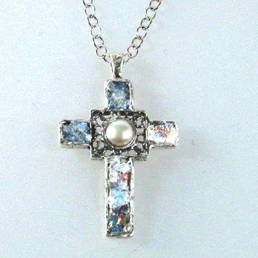 Bluenoemi Jewelry Necklaces Christian Cross pendant, Sterling Silver Hammered cross, Cross Roman Glass and Gemstones