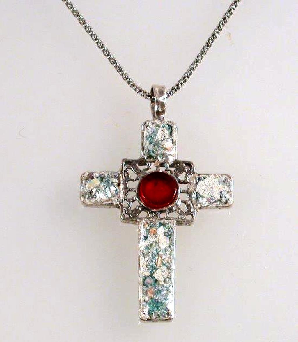 Bluenoemi Jewelry Necklaces Christian Cross pendant, Sterling Silver Hammered cross, Cross Roman Glass and Gemstones