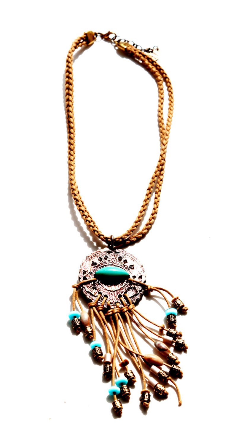 Bluenoemi Jewelry Necklaces gold Bluenoemi Necklace Boho Filigree Motif Leather Cords Braided Blue Beads