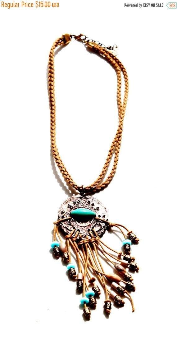 Bluenoemi Jewelry Necklaces gold Bluenoemi Necklace Boho Filigree Motif Leather Cords Braided Blue Beads