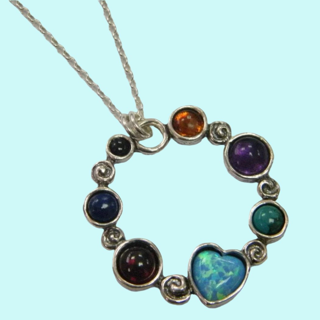 Bluenoemi Jewelry Necklaces & Pendants 45cm / multicolor Sterling Silver necklace Blue Opal and Gemstones Pendant Hippie Jewelry