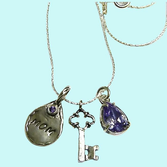 Bluenoemi Jewelry Necklaces & Pendants 45cm / silver Sterling Silver necklace / love mom necklace / amethyst zircon key necklace / mom charm and key