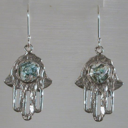Bluenoemi Jewelry Necklaces & Pendants Hamsa Earrings / green Jewelry shop Israeli jewelry sterling silver roman glass  hamsa Earrings