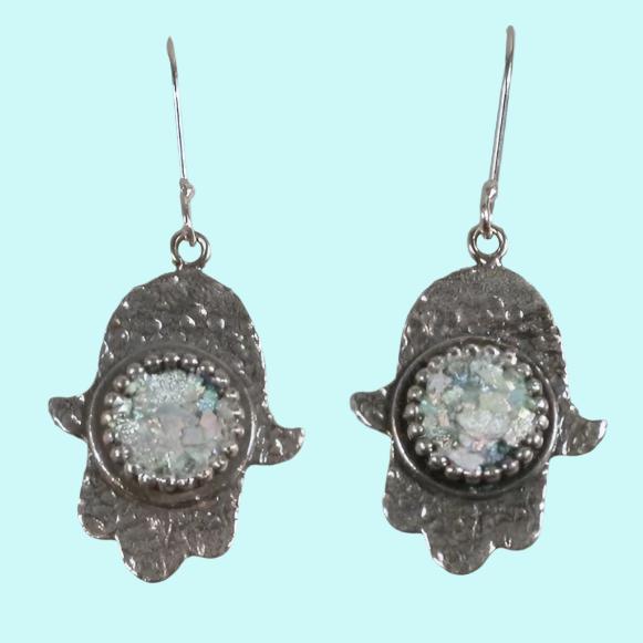 Sterling silver Roman Glass Hamsa Earrings for protection and beauty