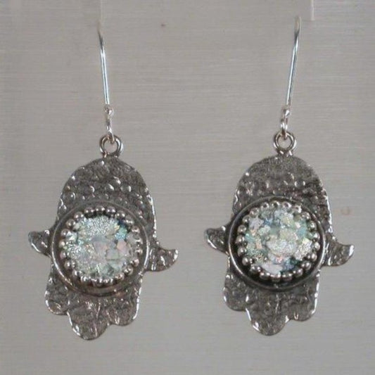 Bluenoemi Jewelry Necklaces & Pendants Hamsa Earrings / green Jewelry shop Israeli jewelry sterling silver roman glass  hamsa Earrings