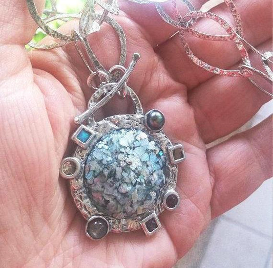 Bluenoemi Jewelry Necklaces & Pendants "Roman glass jewelry" dangling earrings Israeli roman glass necklace / silver Israeli jewelry Roman Glass sterling silver artistic Necklace