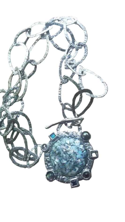 Israeli jewelry Roman Glass sterling silver artistic Necklace - Bluenoemi
