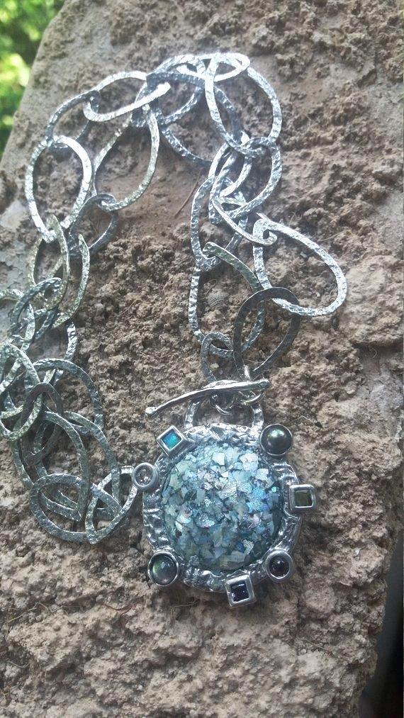 Bluenoemi Jewelry Necklaces & Pendants "Roman glass jewelry" dangling earrings Israeli roman glass necklace / silver Israeli jewelry Roman Glass sterling silver artistic Necklace