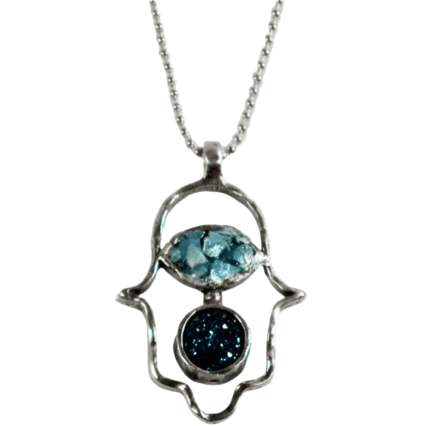 Roman Glass Hamsa Necklace, ancient glass set in sterling silver with Hamsa symbol