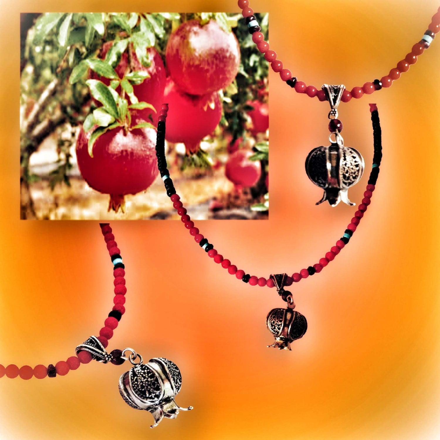 Bluenoemi Jewelry Necklaces red Sterling Silver Necklace for woman. Amazing Pomegranate set with a garnet. Corals  beads Israeli necklace jewelry.