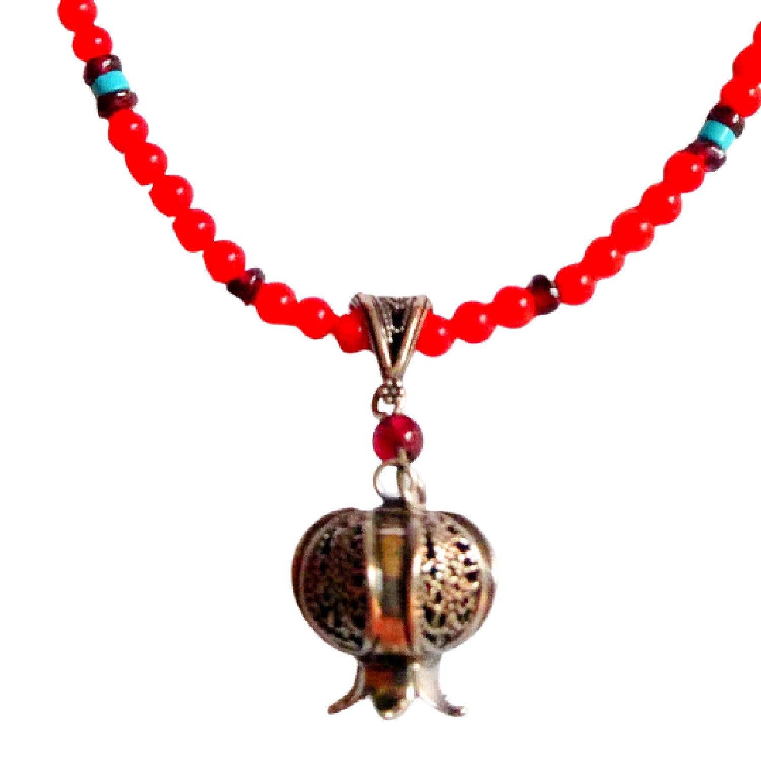 Bluenoemi Jewelry Necklaces red Sterling Silver Necklace for woman. Amazing Pomegranate set with a garnet. Corals  beads Israeli necklace jewelry.