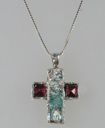 Sterling Silver Cross Pendant for Woman. Holy Land Roman glass, silver and Gemstones - Bluenoemi